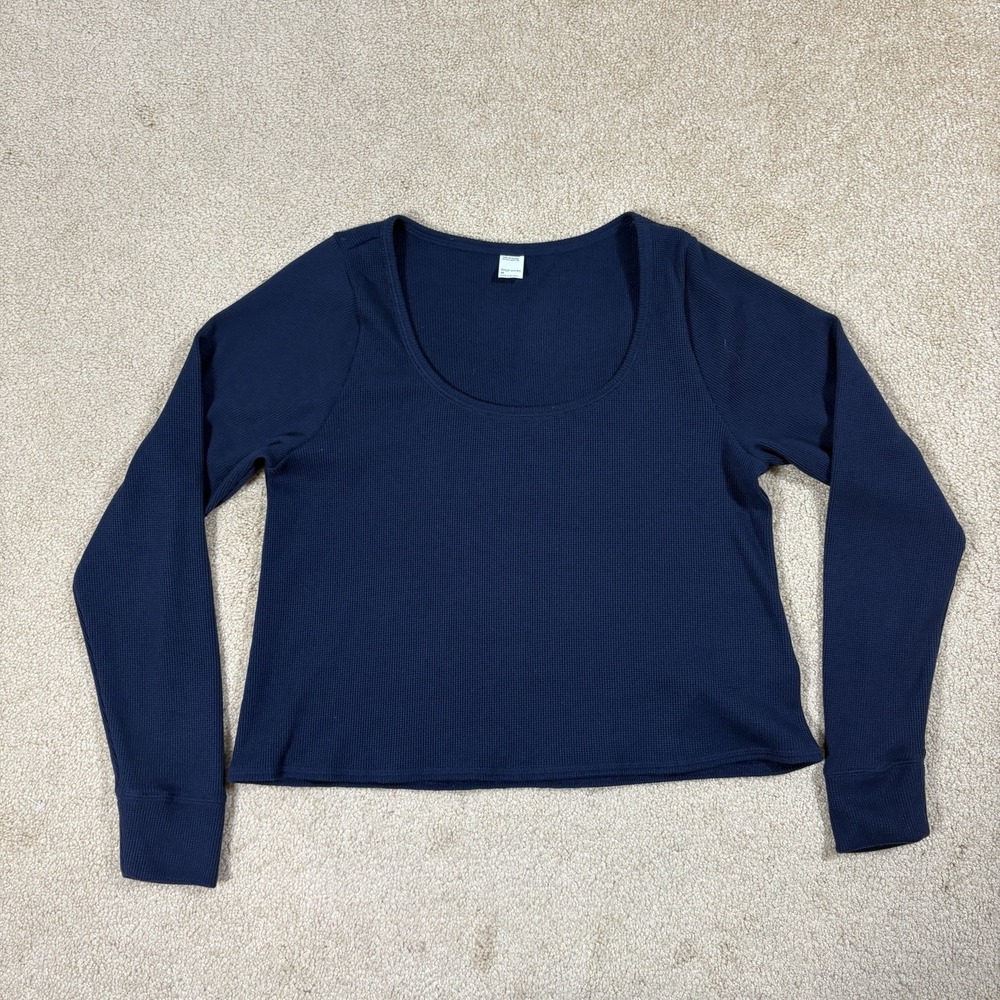 Gilly Hicks Pullover Women Medium Waffle Knit Navy Blue Scoop Neck Cropped EUC